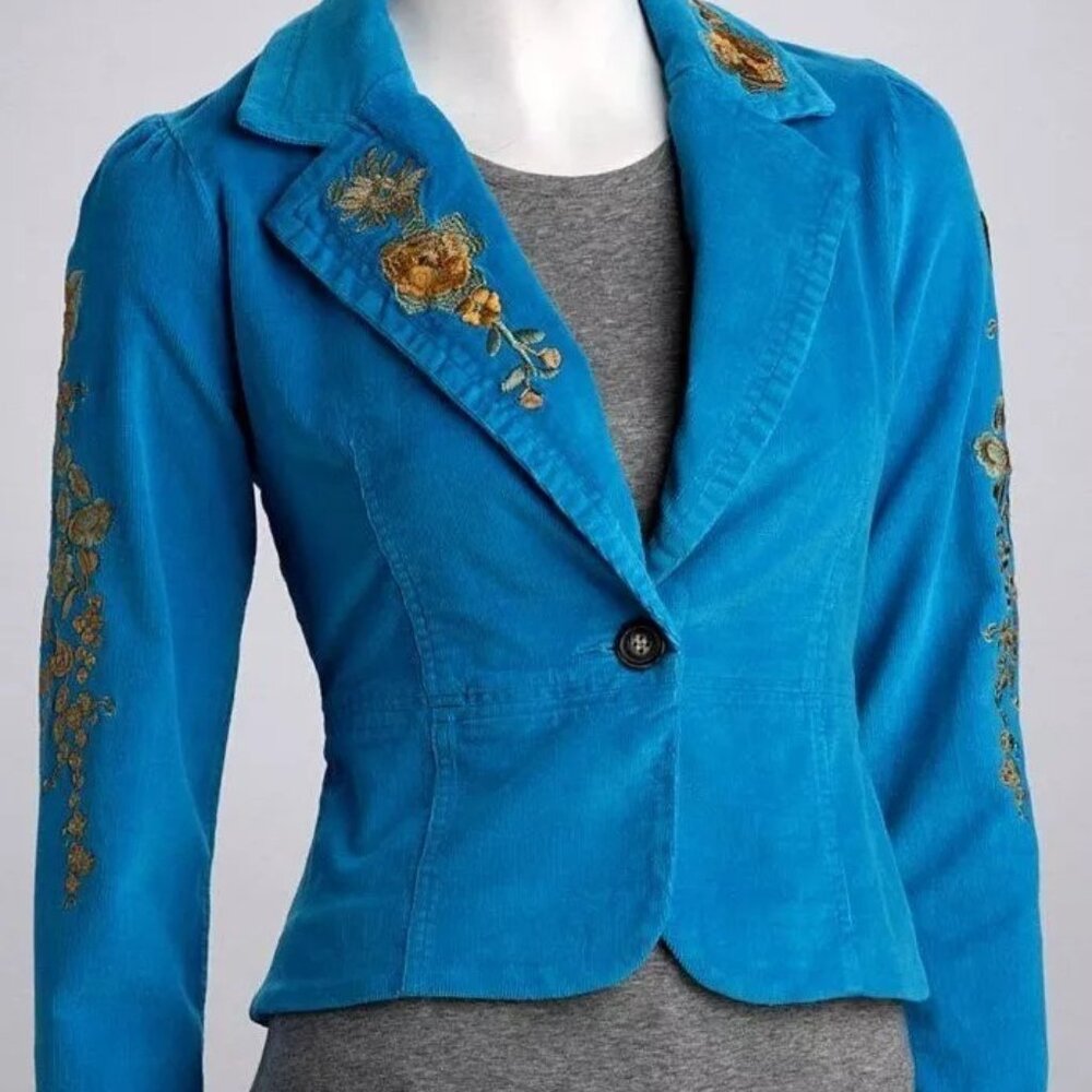 TM True Meaning Womens Jacket, True Meaning Blazer Corduroy, Embroidered Flowers